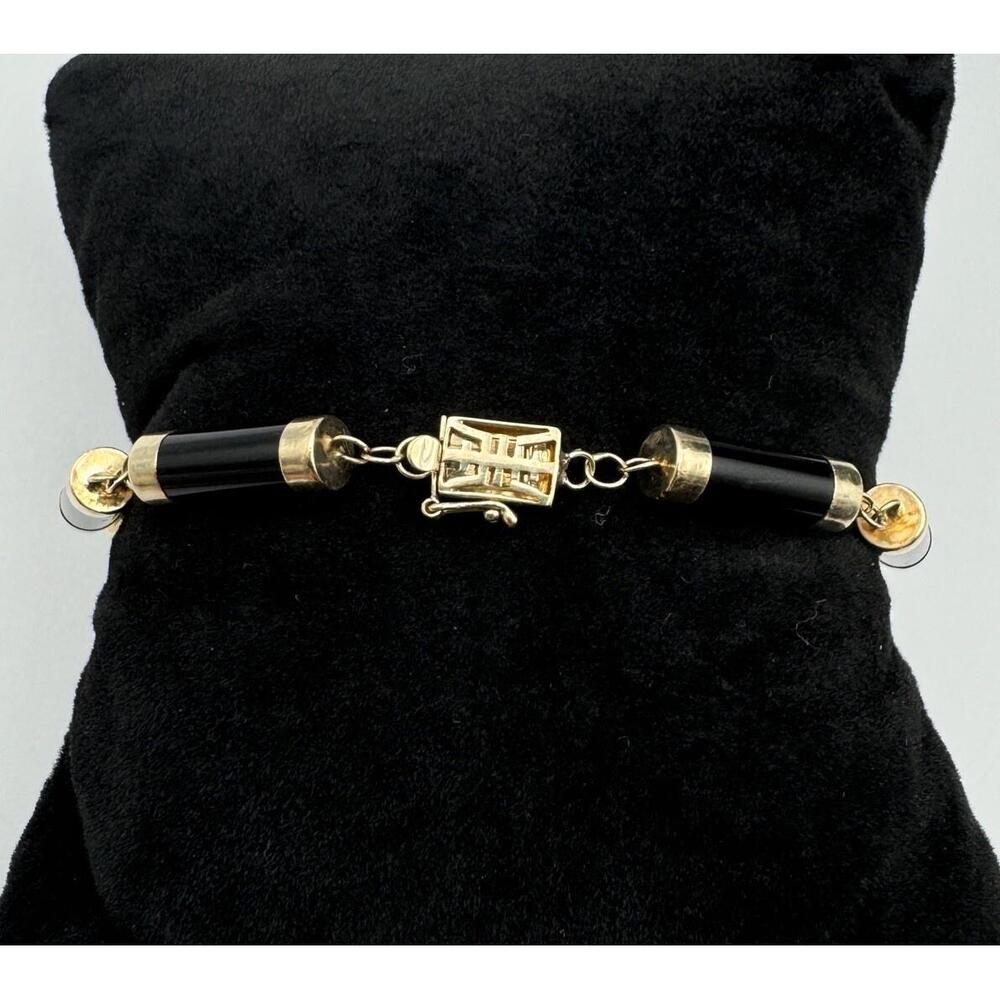 Heng Ngai HN 14k‎ Gold Onyx Cylinder Link Box Clasp Bracelet Estate Jewelry